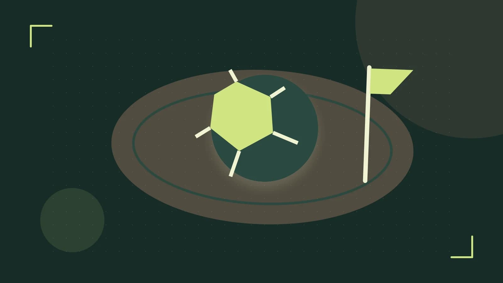 Editorial illustration of a stylized sports ball, stadium geometry and dynamic arcs