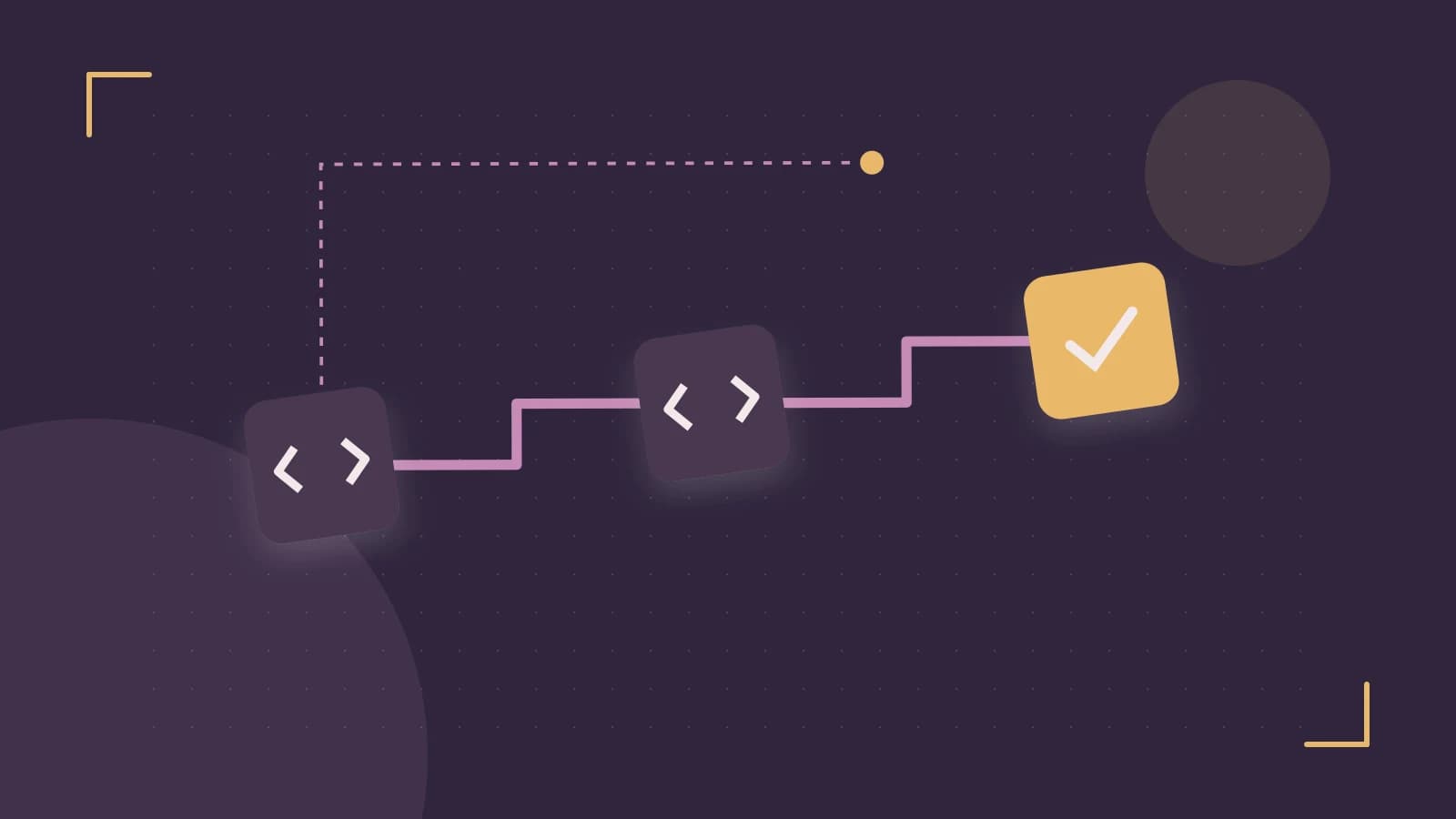 Editorial illustration of a branching build pipeline, staged transformations and a completed check