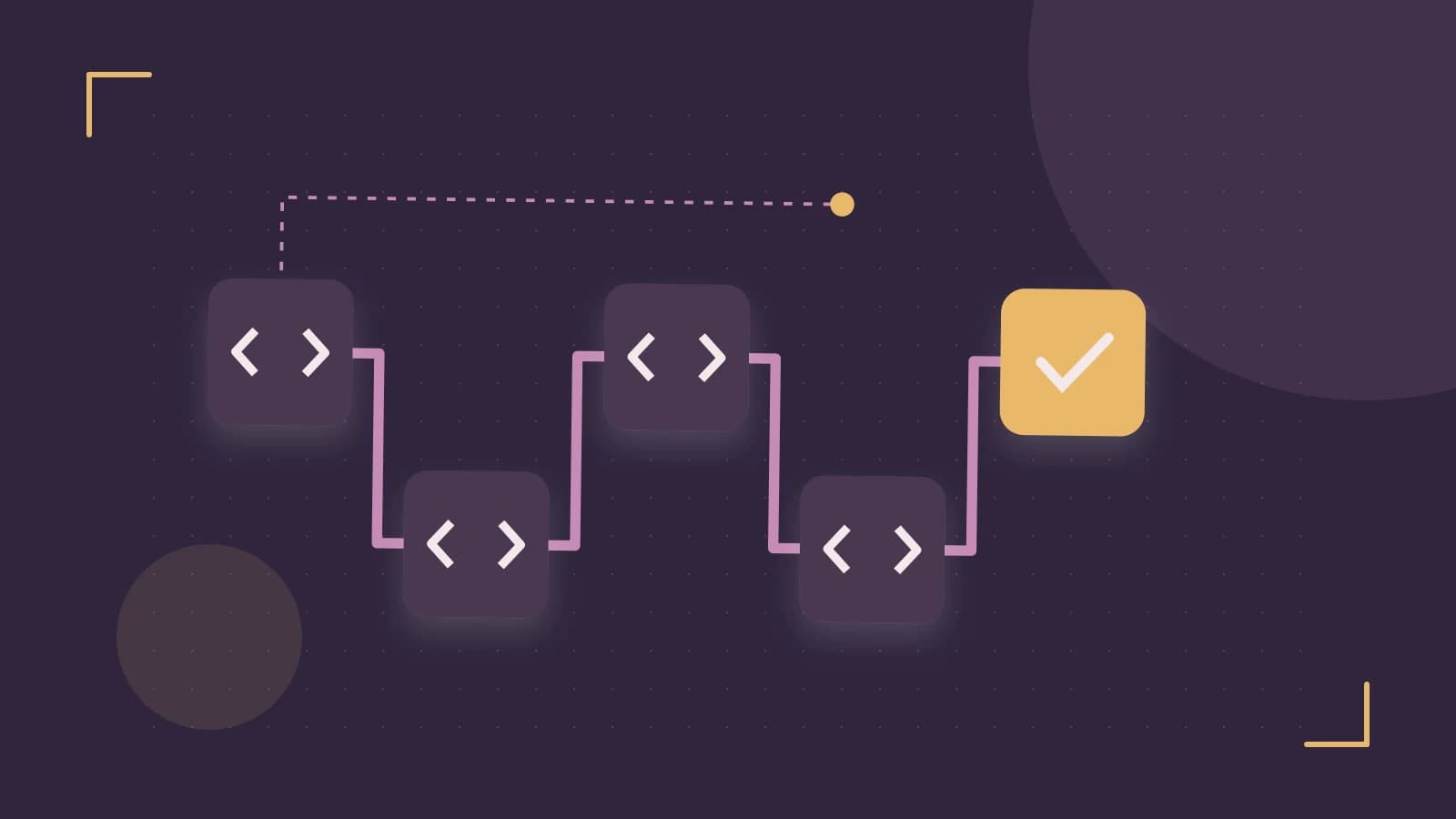 Editorial illustration of a branching build pipeline, staged transformations and a completed check