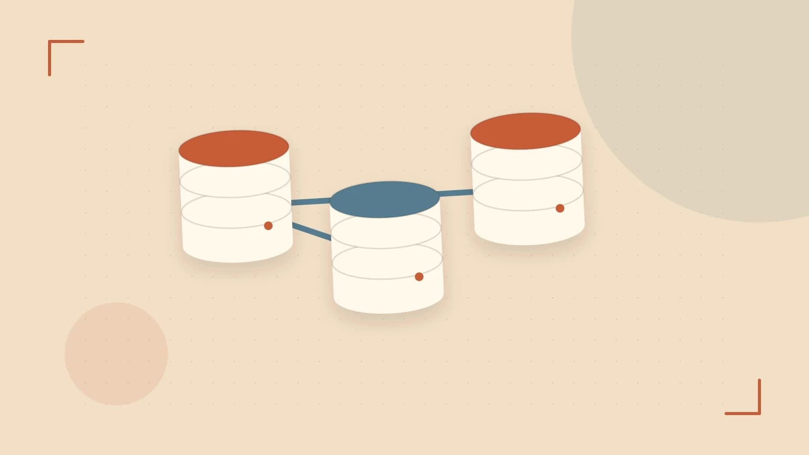 Editorial illustration of structured records, database cylinders and relationships between tables