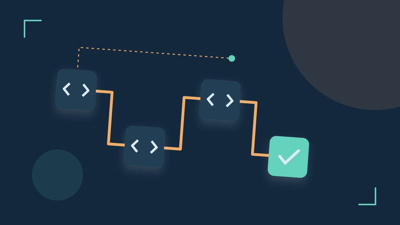Editorial illustration of a branching build pipeline, staged transformations and a completed check