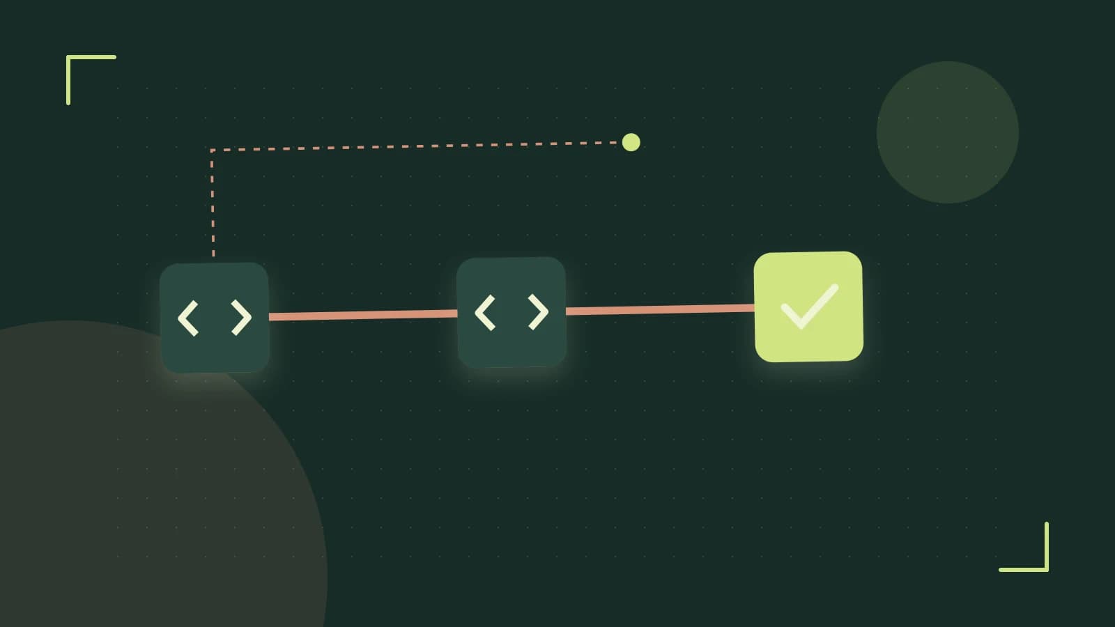 Editorial illustration of a branching build pipeline, staged transformations and a completed check