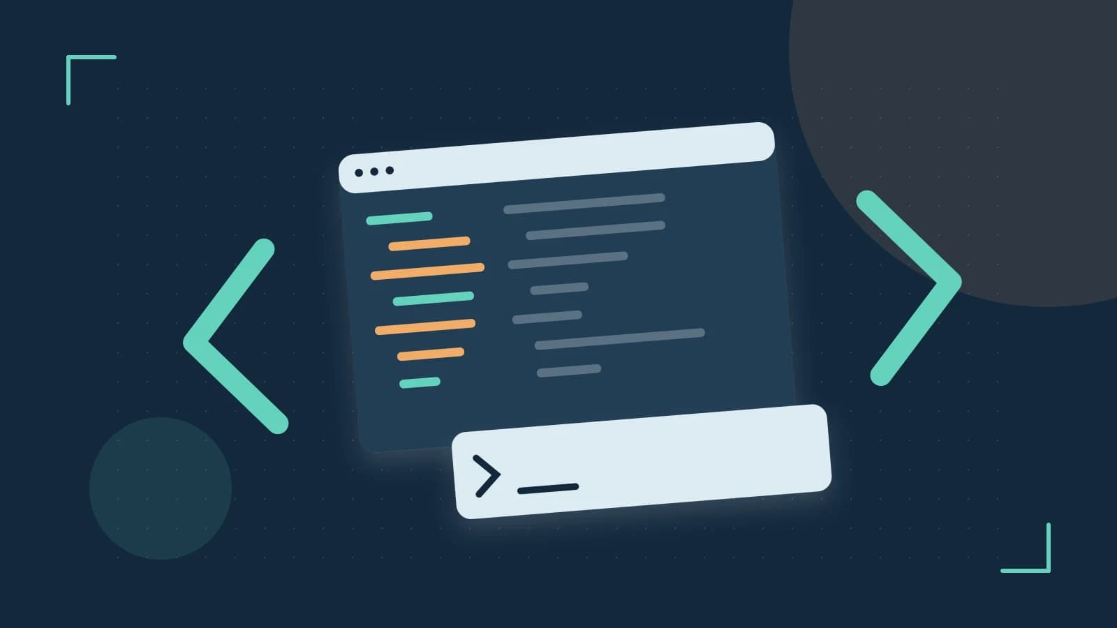 Editorial illustration of an abstract code editor, syntax blocks and oversized programming brackets