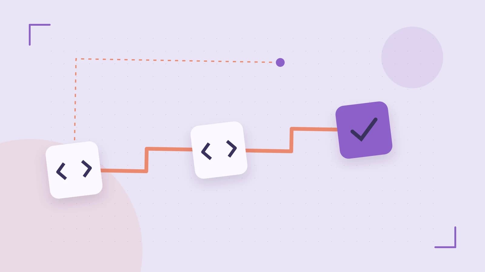 Editorial illustration of a branching build pipeline, staged transformations and a completed check
