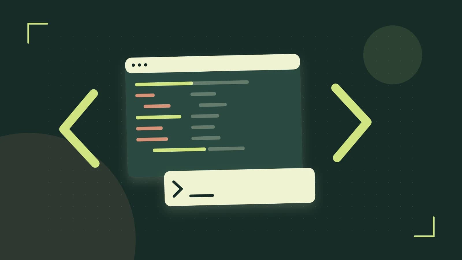 Editorial illustration of an abstract code editor, syntax blocks and oversized programming brackets