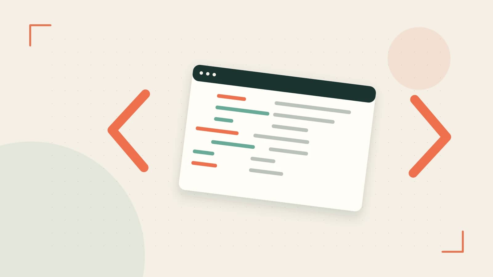 Editorial illustration of an abstract code editor, syntax blocks and oversized programming brackets