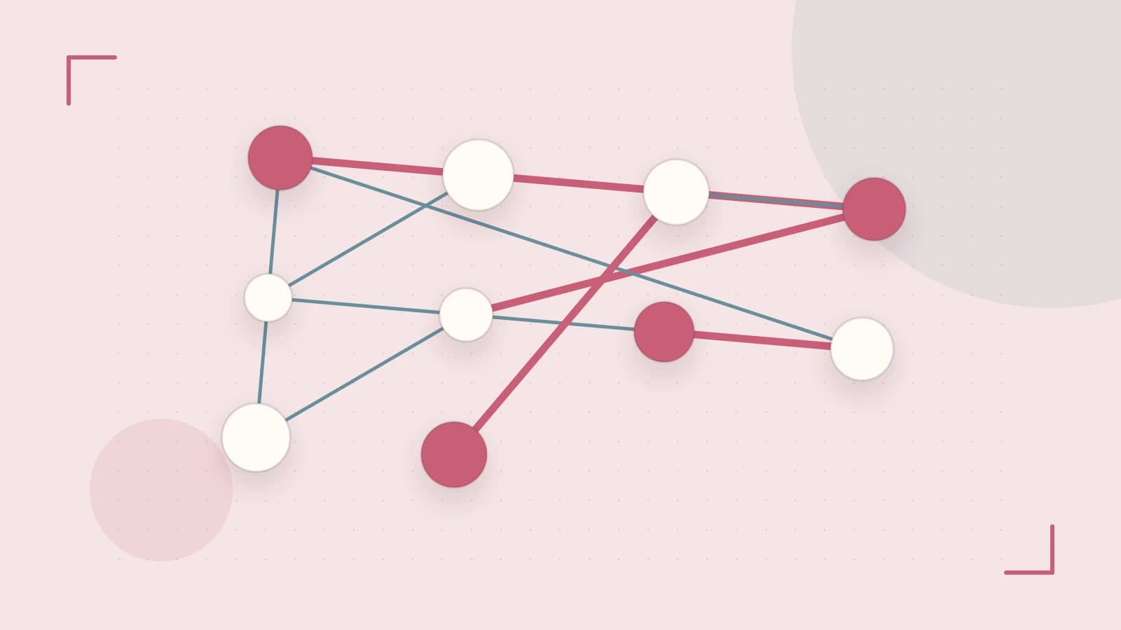 Editorial illustration of an algorithmic node graph with branching paths and a highlighted result