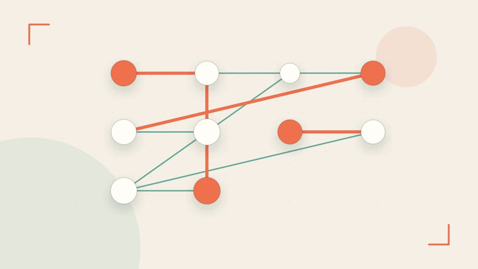 Editorial illustration of an algorithmic node graph with branching paths and a highlighted result