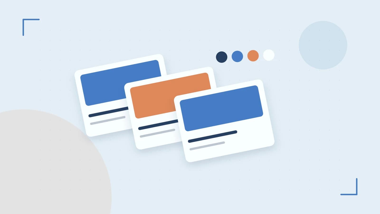 Editorial illustration of responsive browser layouts, overlapping design components and a color system