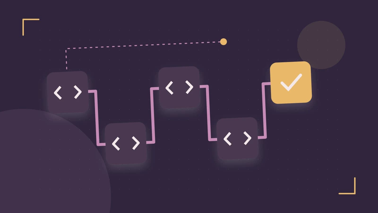 Editorial illustration of a branching build pipeline, staged transformations and a completed check