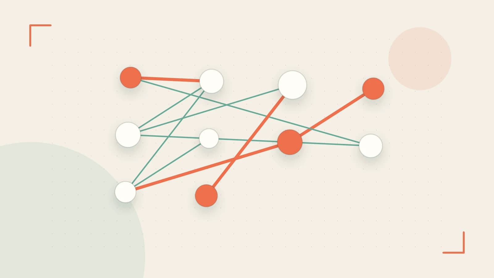 Editorial illustration of an algorithmic node graph with branching paths and a highlighted result