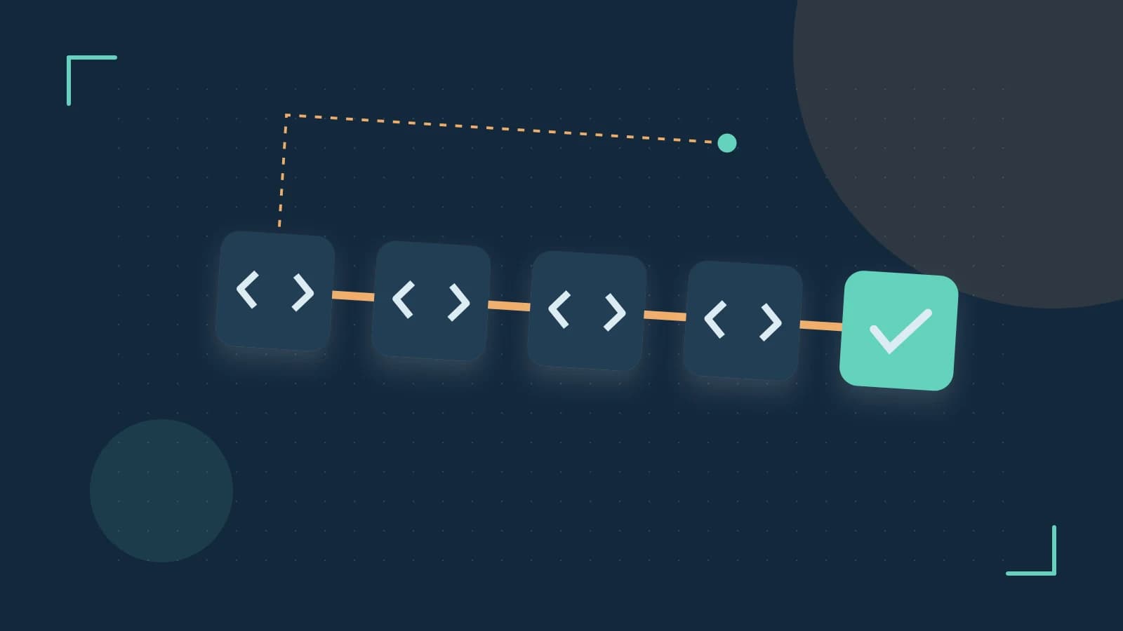 Editorial illustration of a branching build pipeline, staged transformations and a completed check