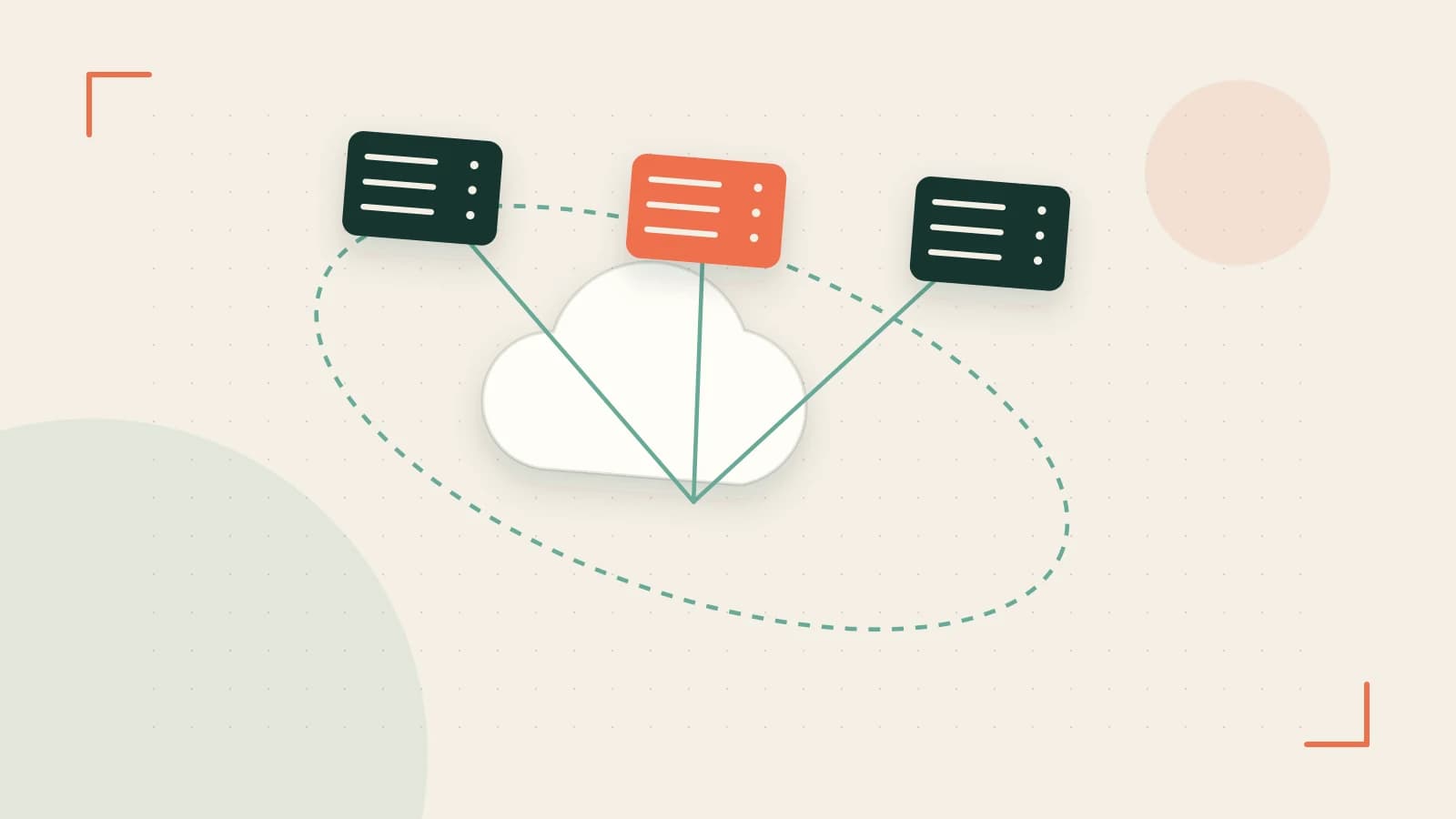 Editorial illustration of cloud infrastructure, connected server racks and an orbital service map