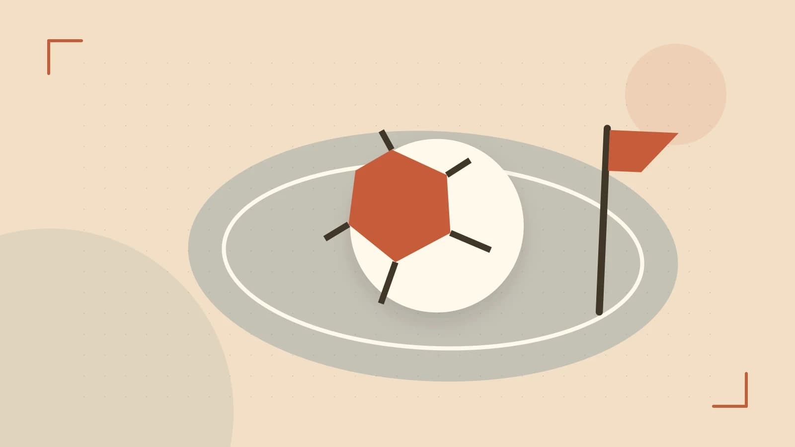 Editorial illustration of a stylized sports ball, stadium geometry and dynamic arcs
