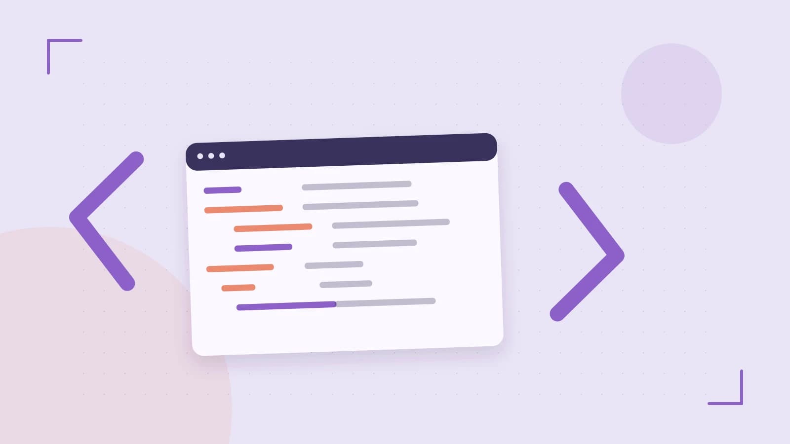 Editorial illustration of an abstract code editor, syntax blocks and oversized programming brackets