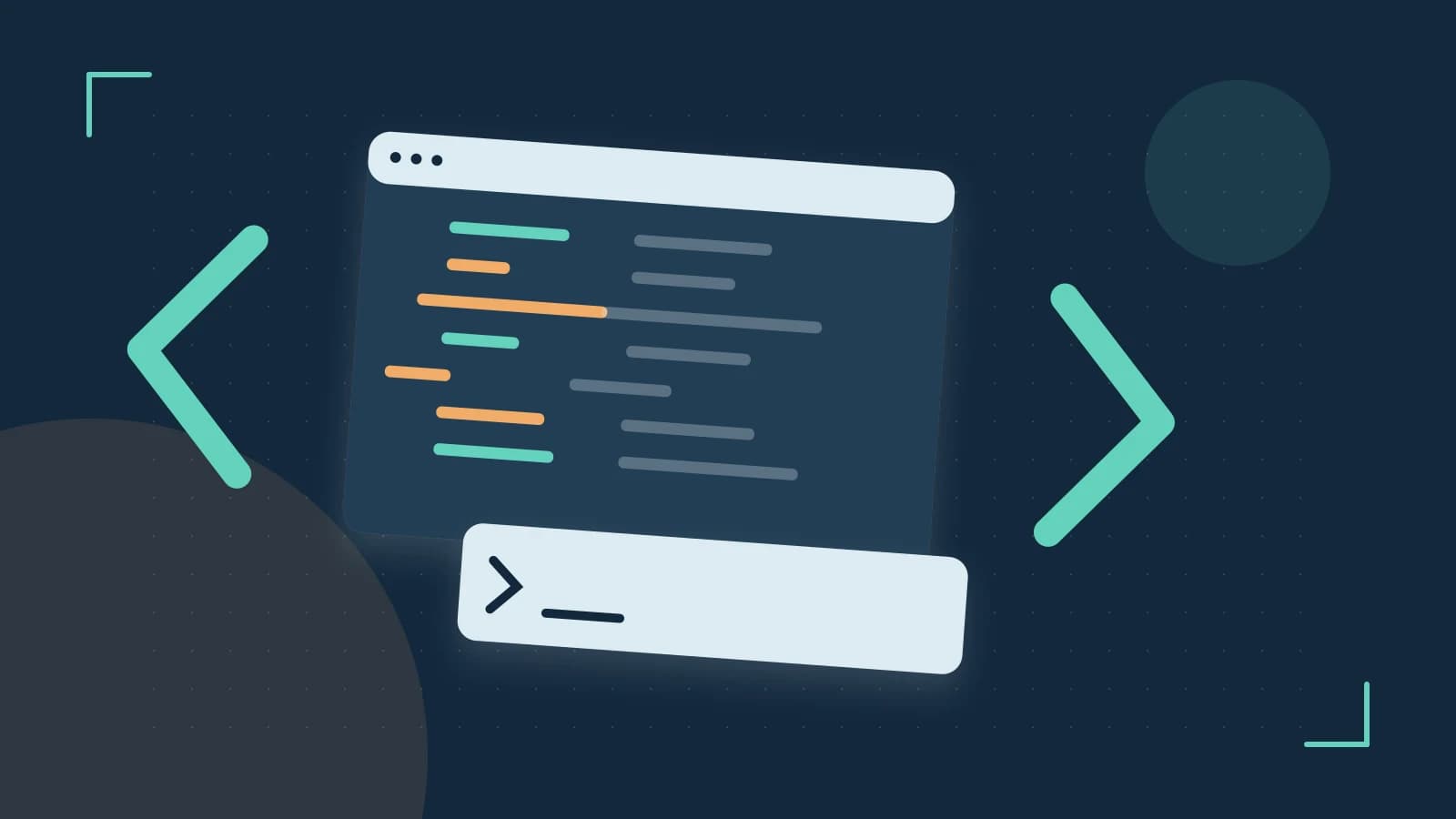 Editorial illustration of an abstract code editor, syntax blocks and oversized programming brackets