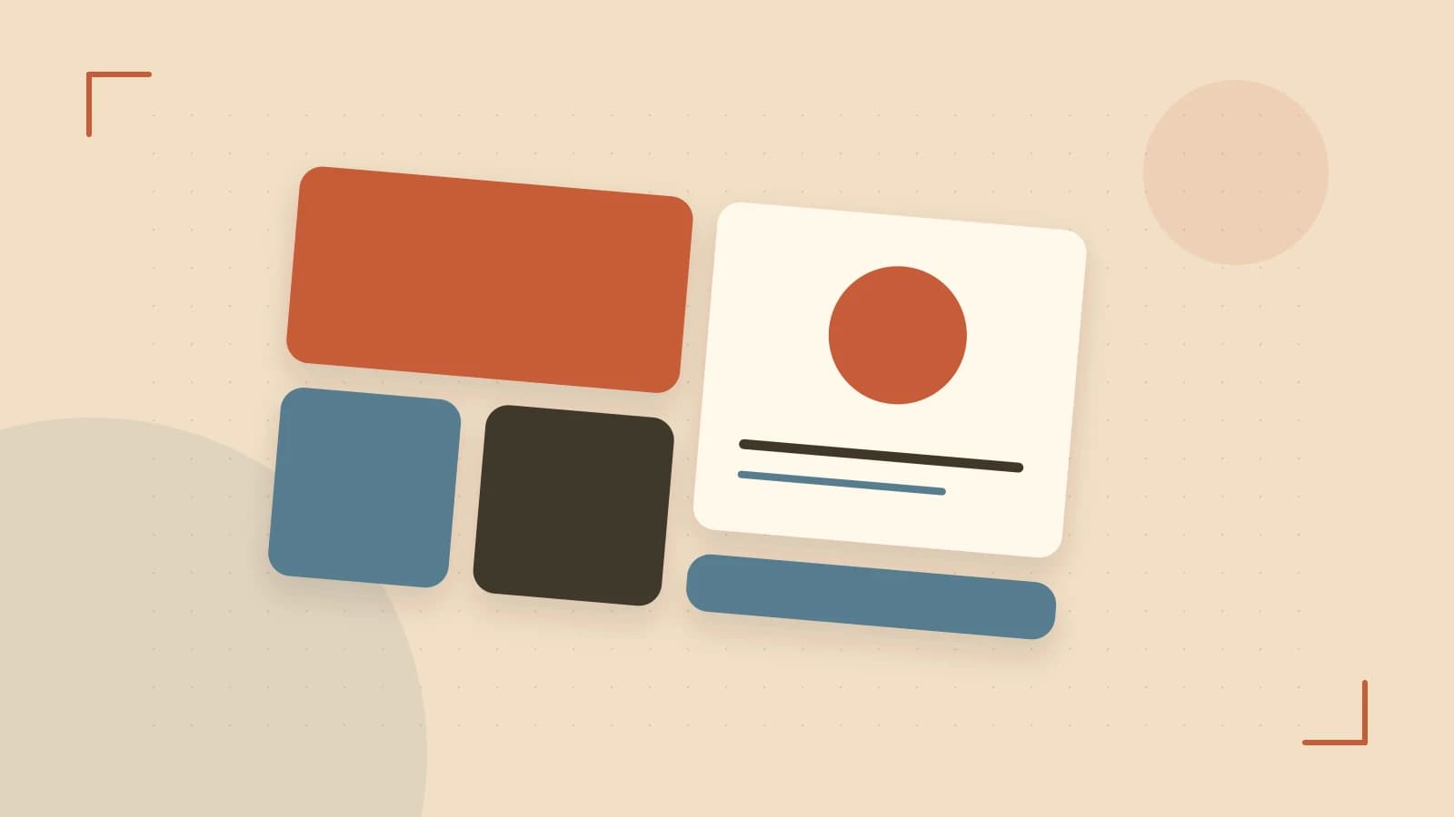 Editorial illustration of responsive browser layouts, overlapping design components and a color system