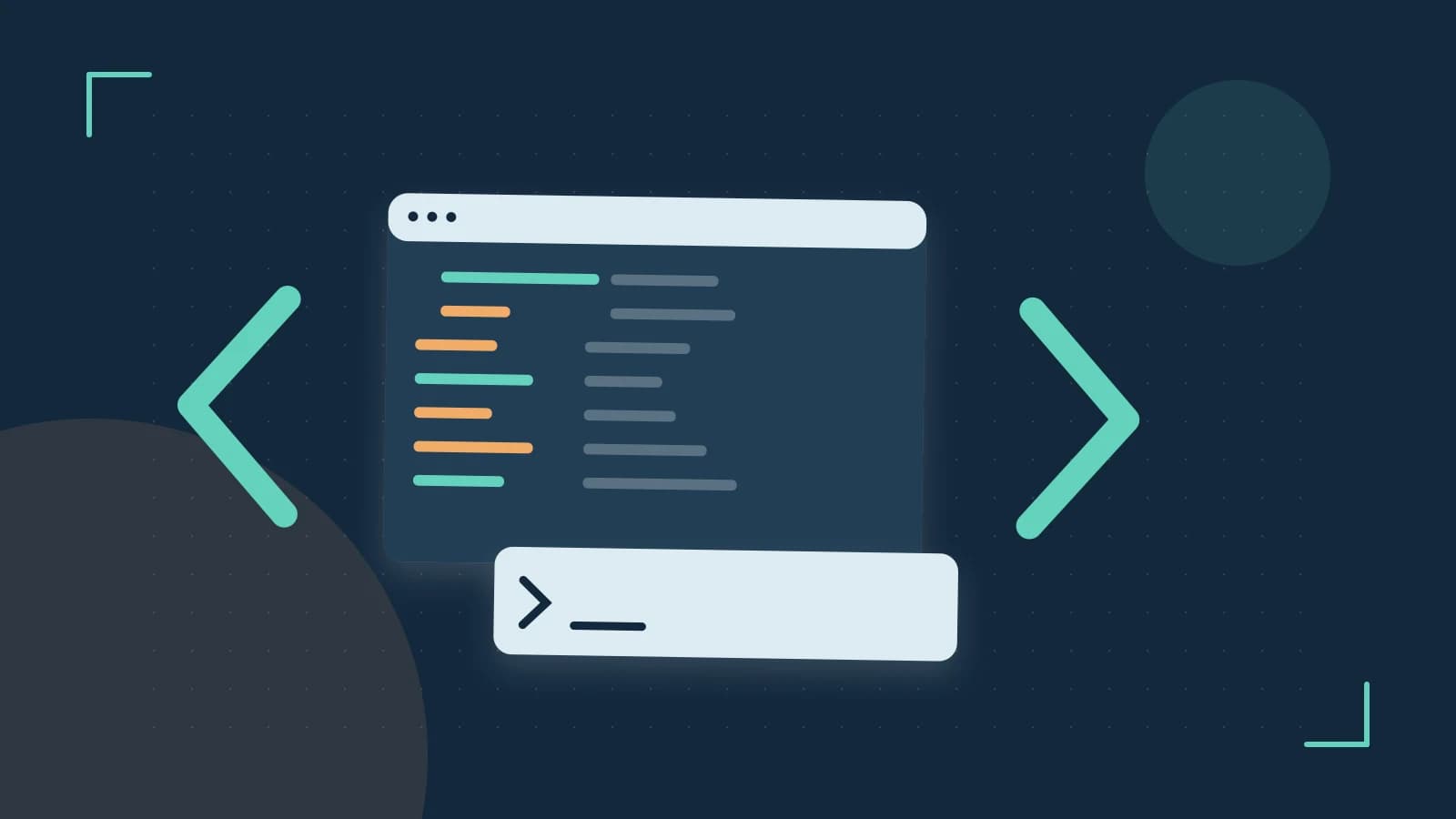 Editorial illustration of an abstract code editor, syntax blocks and oversized programming brackets