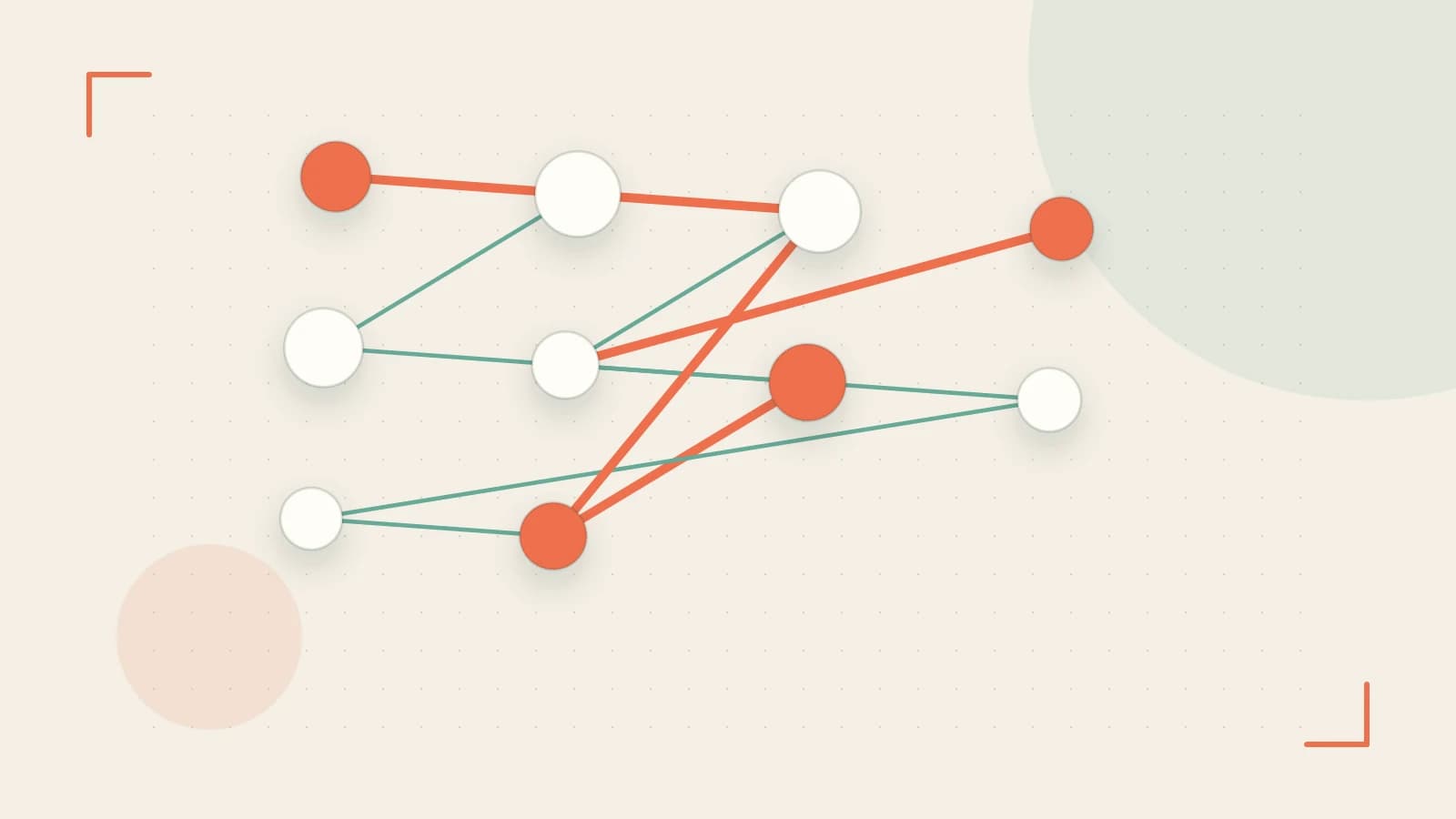 Editorial illustration of an algorithmic node graph with branching paths and a highlighted result