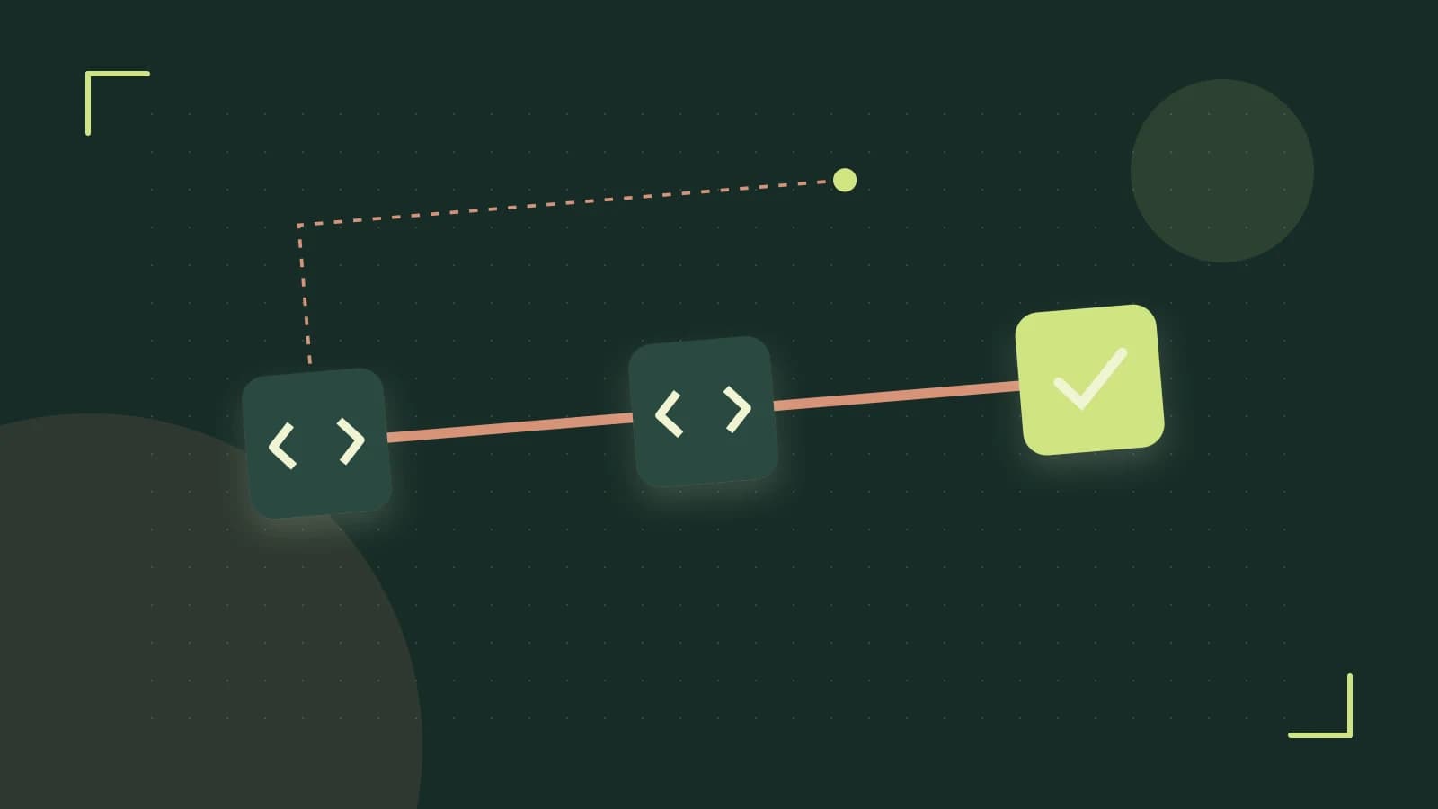 Editorial illustration of a branching build pipeline, staged transformations and a completed check