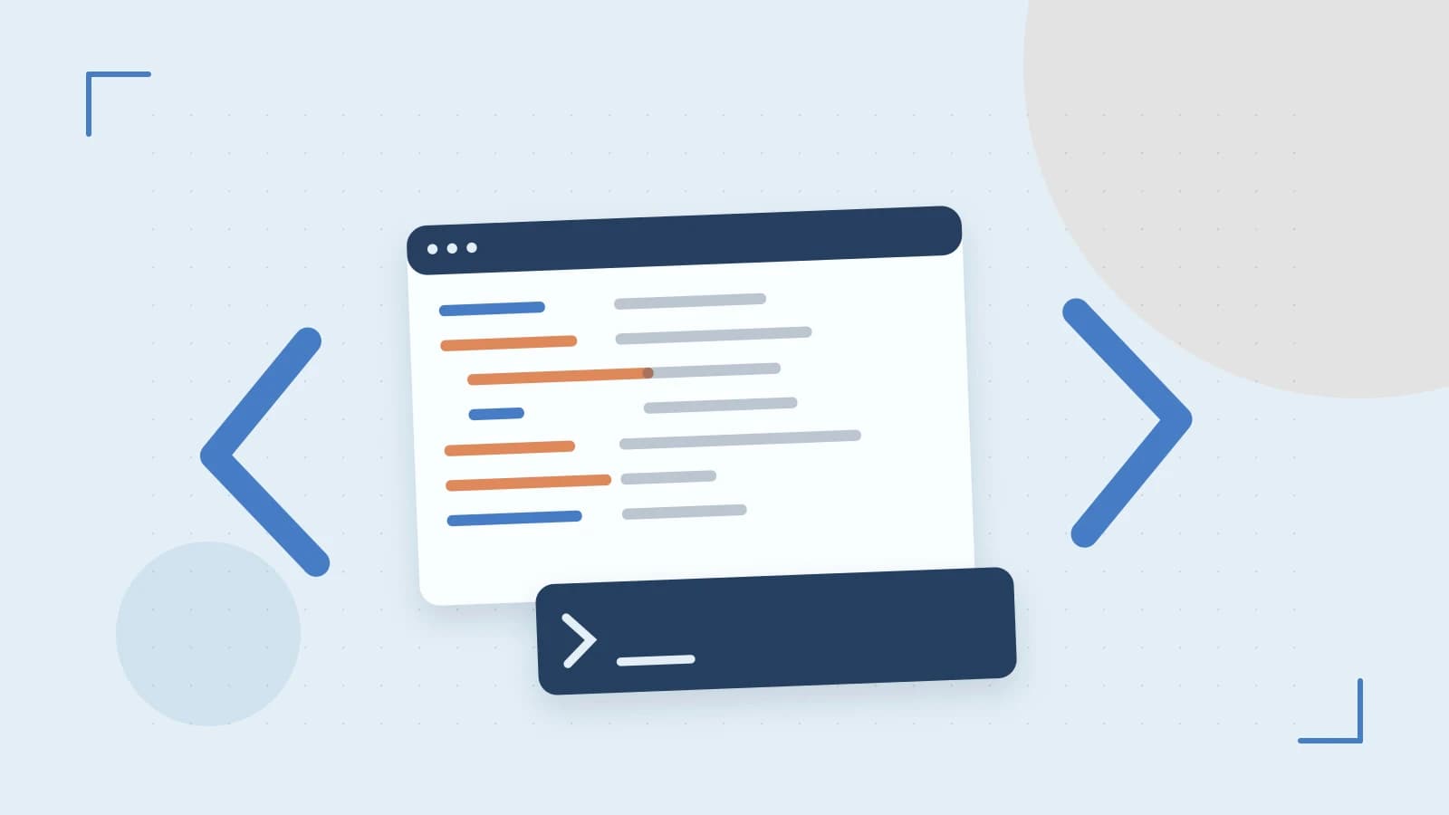 Editorial illustration of an abstract code editor, syntax blocks and oversized programming brackets