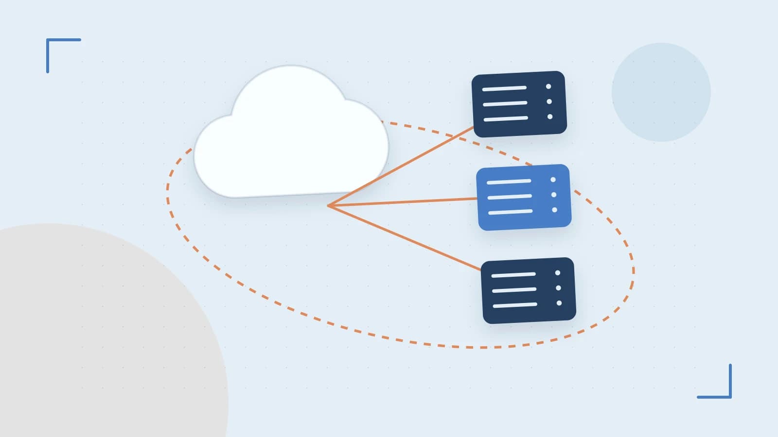 Editorial illustration of cloud infrastructure, connected server racks and an orbital service map