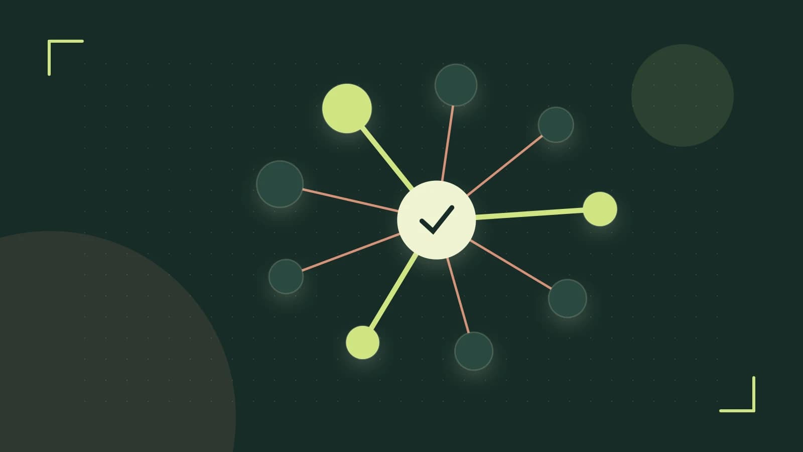 Editorial illustration of an algorithmic node graph with branching paths and a highlighted result