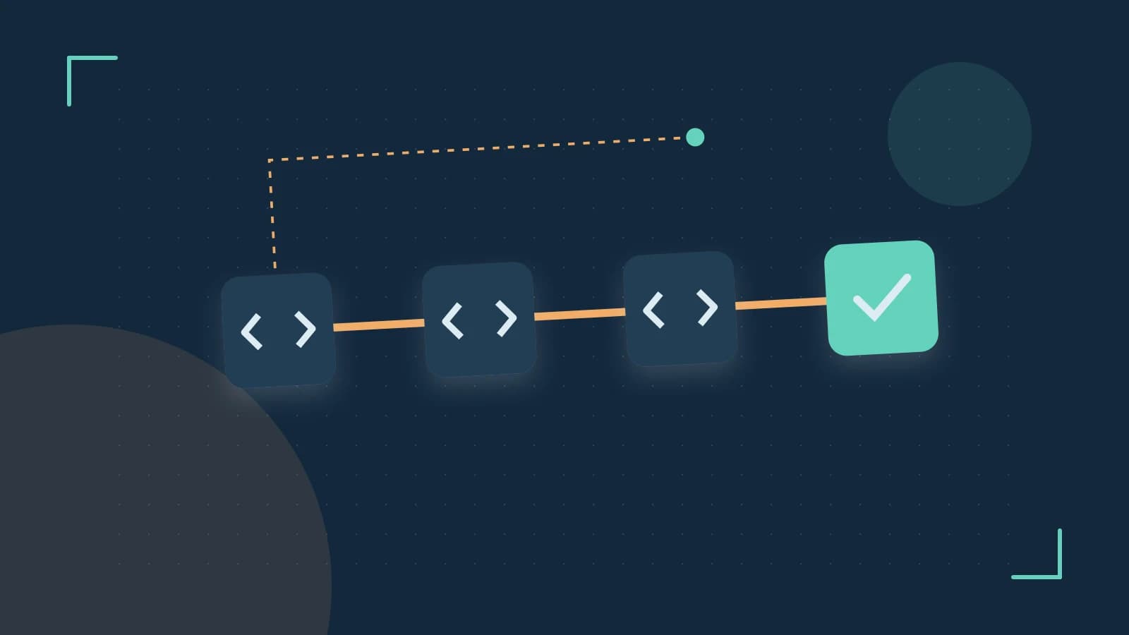 Editorial illustration of a branching build pipeline, staged transformations and a completed check