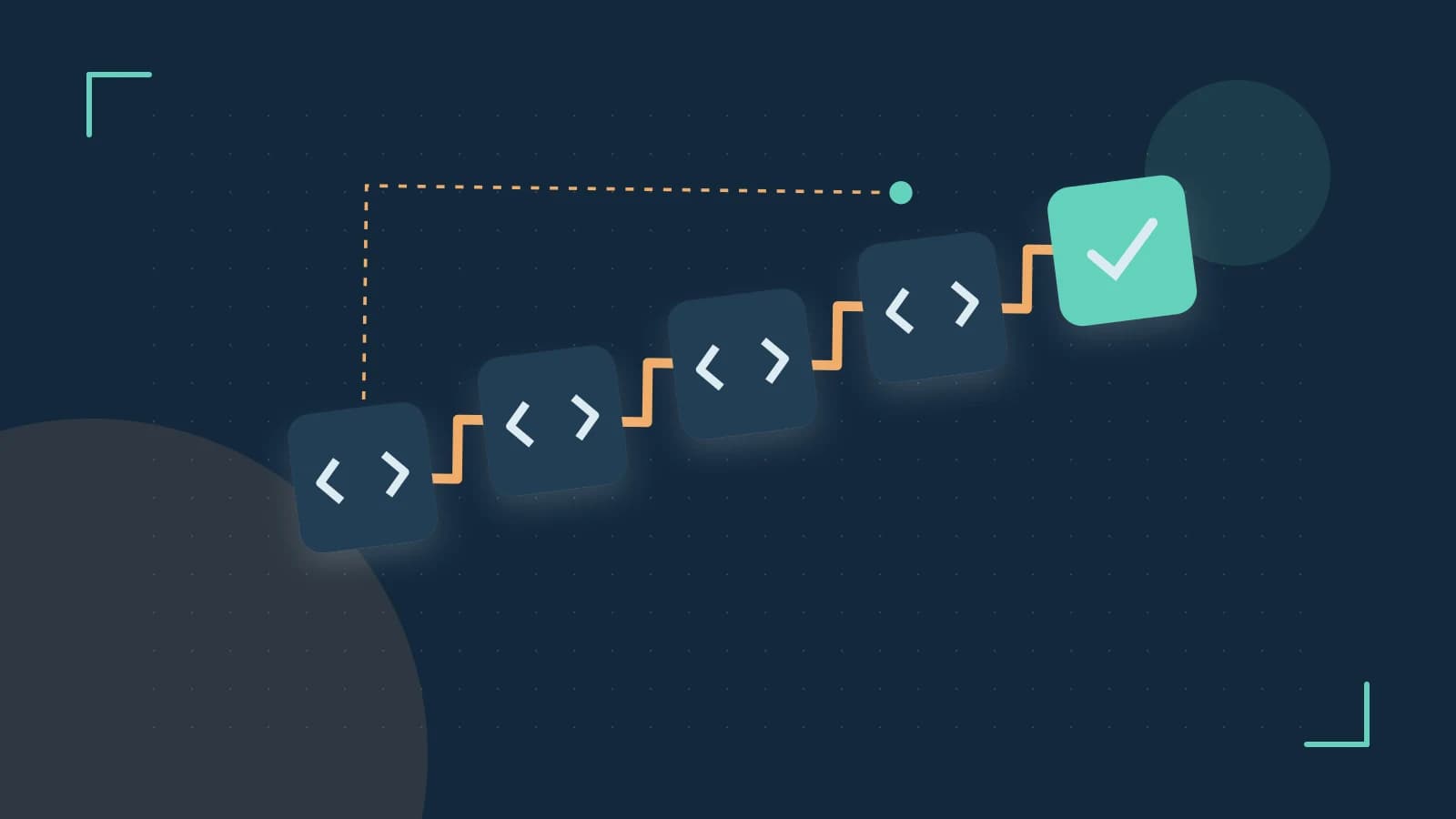 Editorial illustration of a branching build pipeline, staged transformations and a completed check