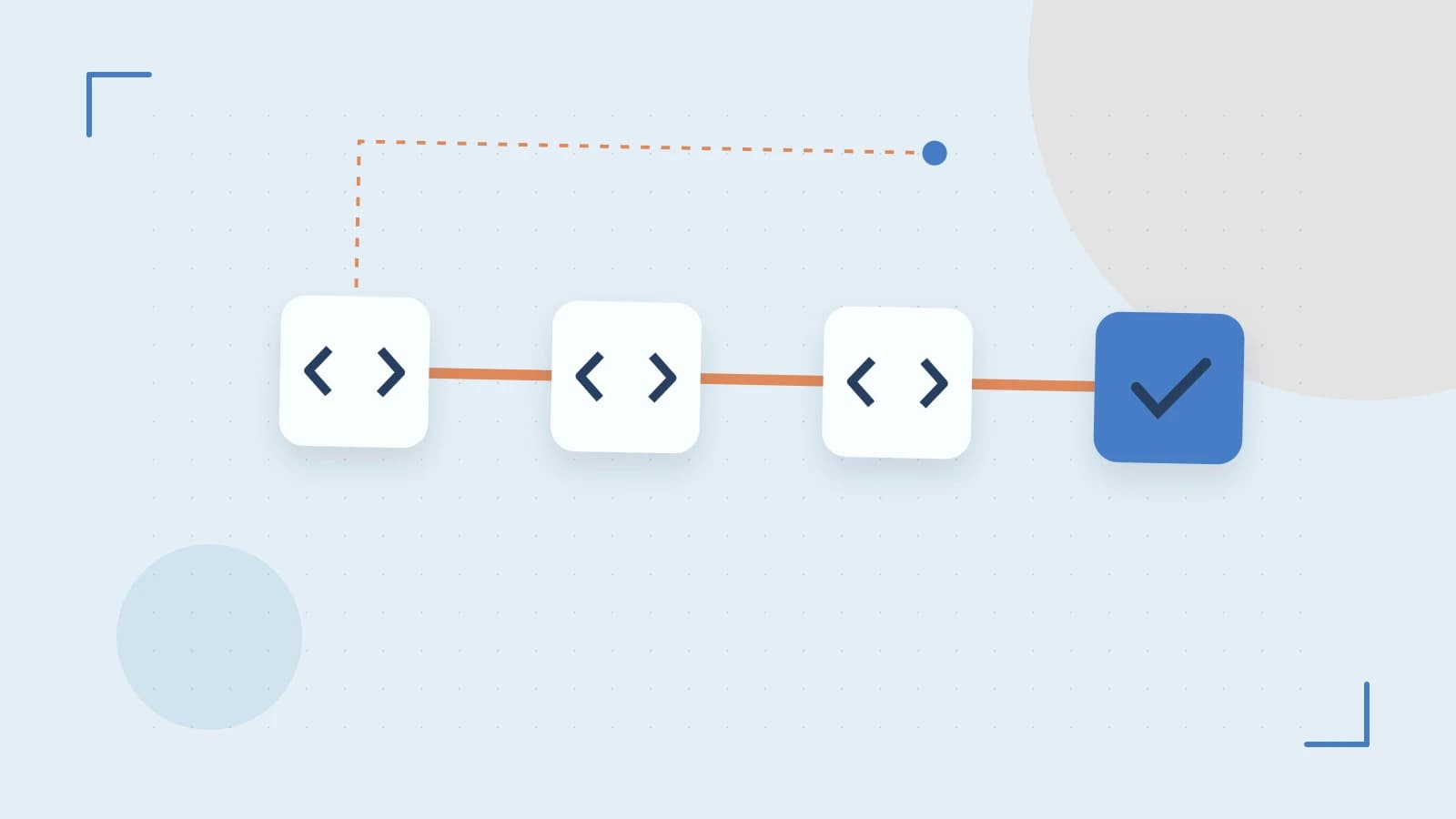 Editorial illustration of a branching build pipeline, staged transformations and a completed check
