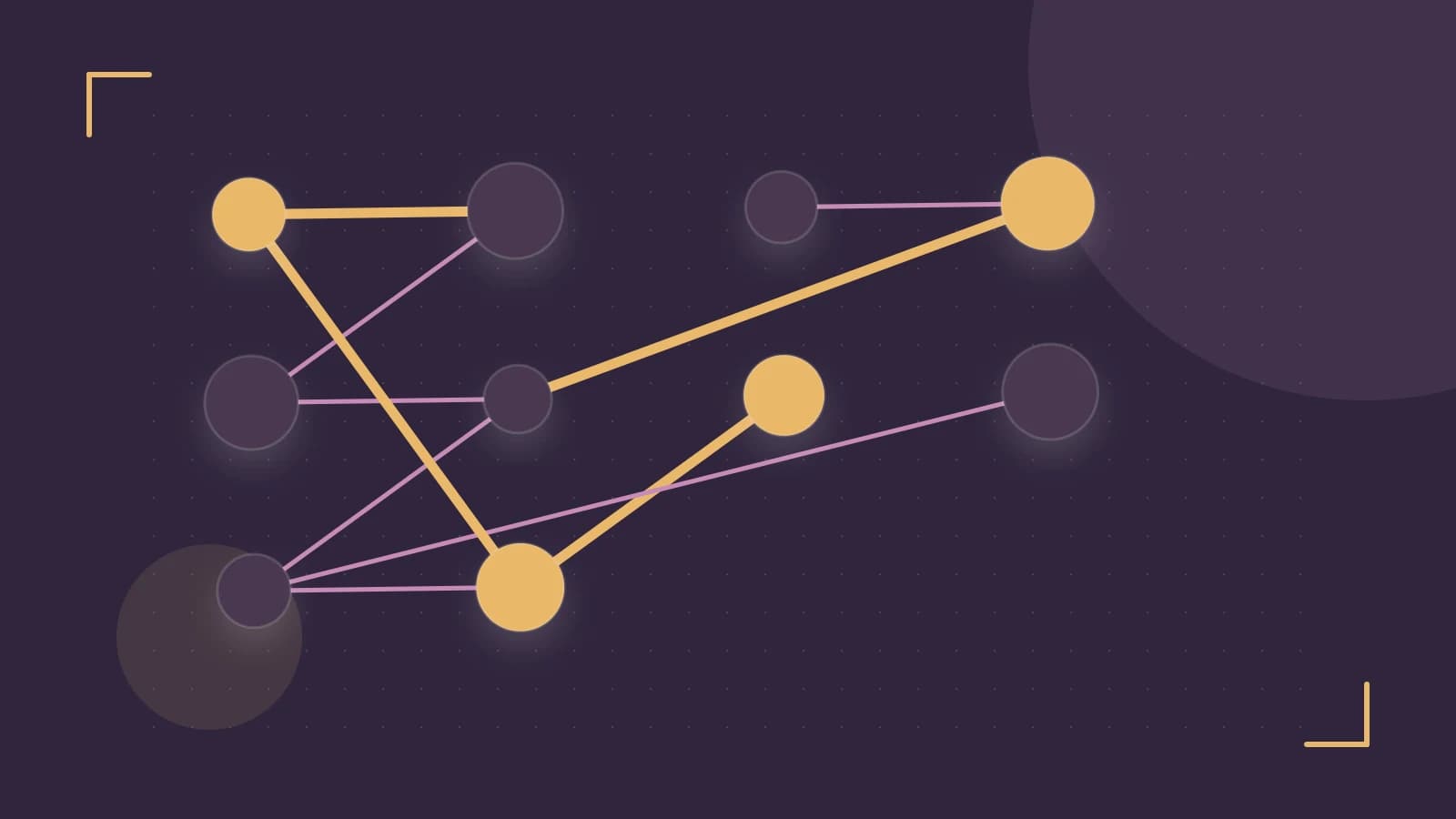 Editorial illustration of an algorithmic node graph with branching paths and a highlighted result