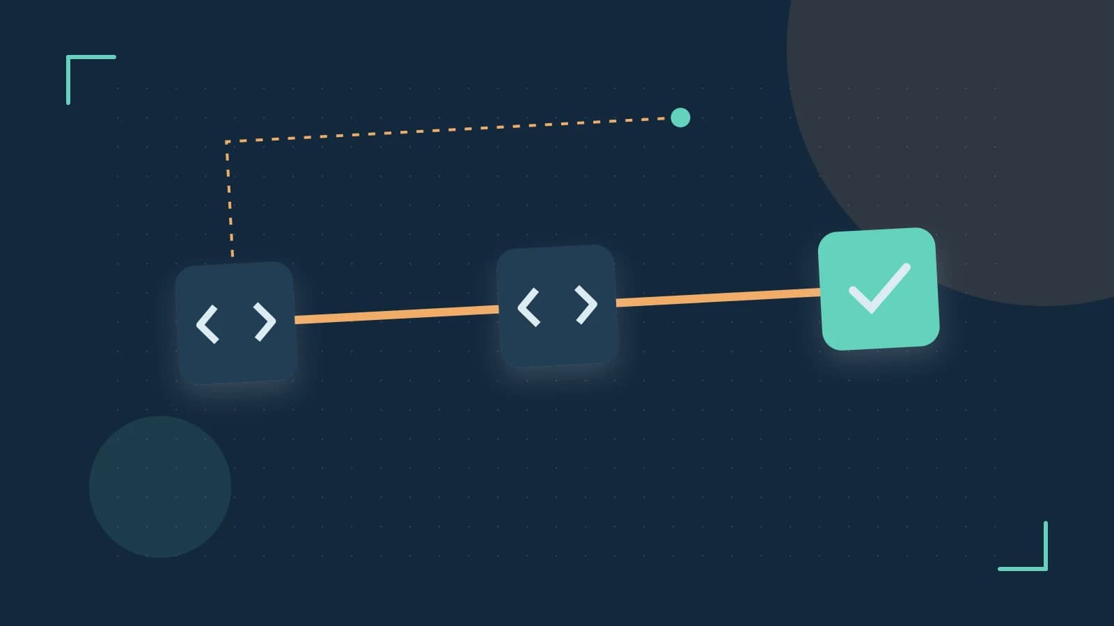 Editorial illustration of a branching build pipeline, staged transformations and a completed check