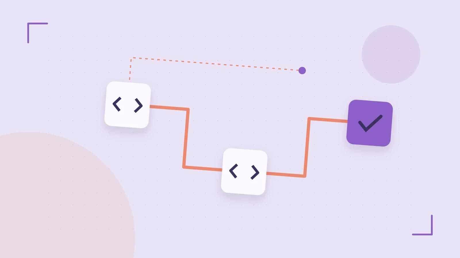 Editorial illustration of a branching build pipeline, staged transformations and a completed check