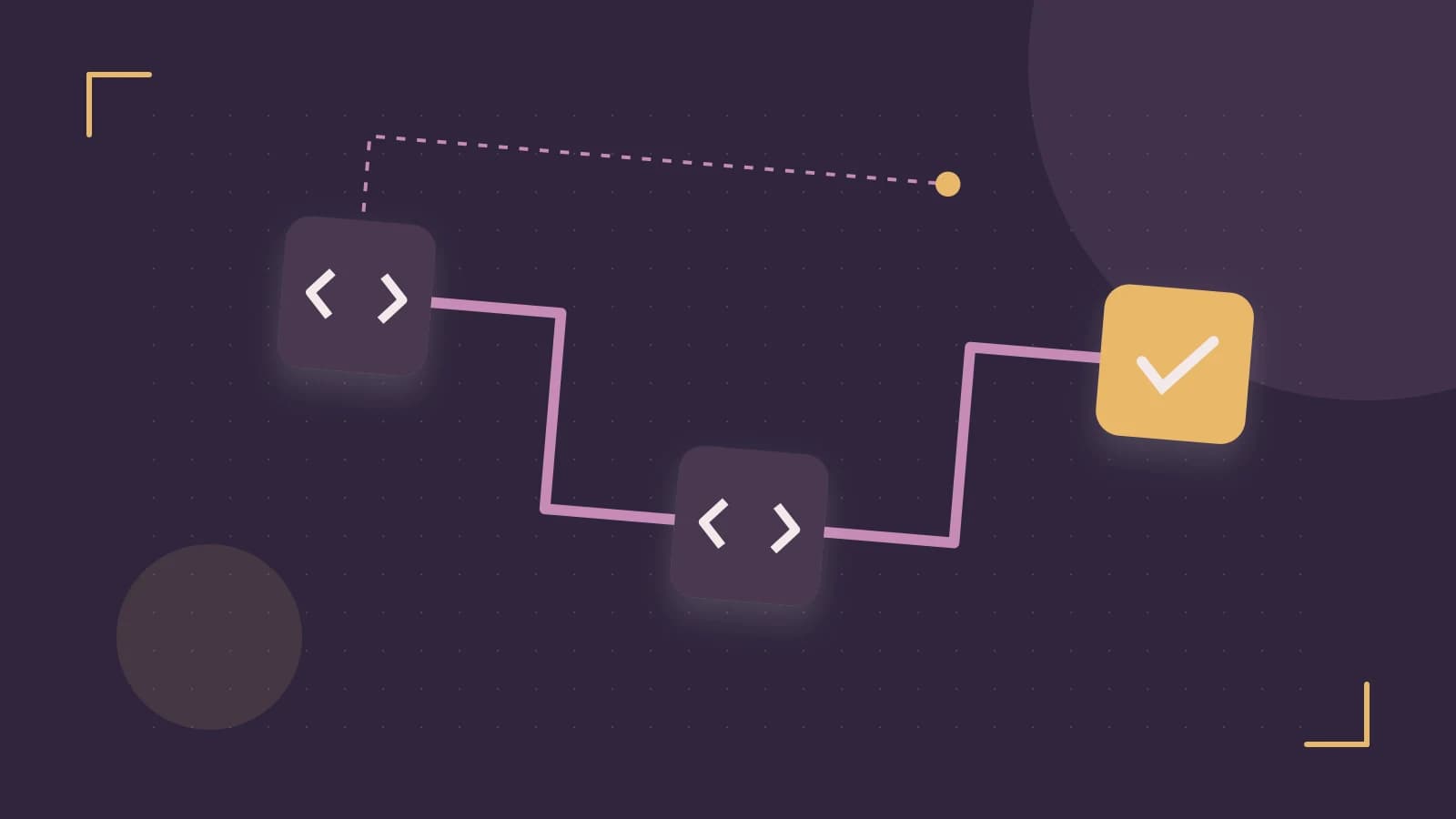 Editorial illustration of a branching build pipeline, staged transformations and a completed check