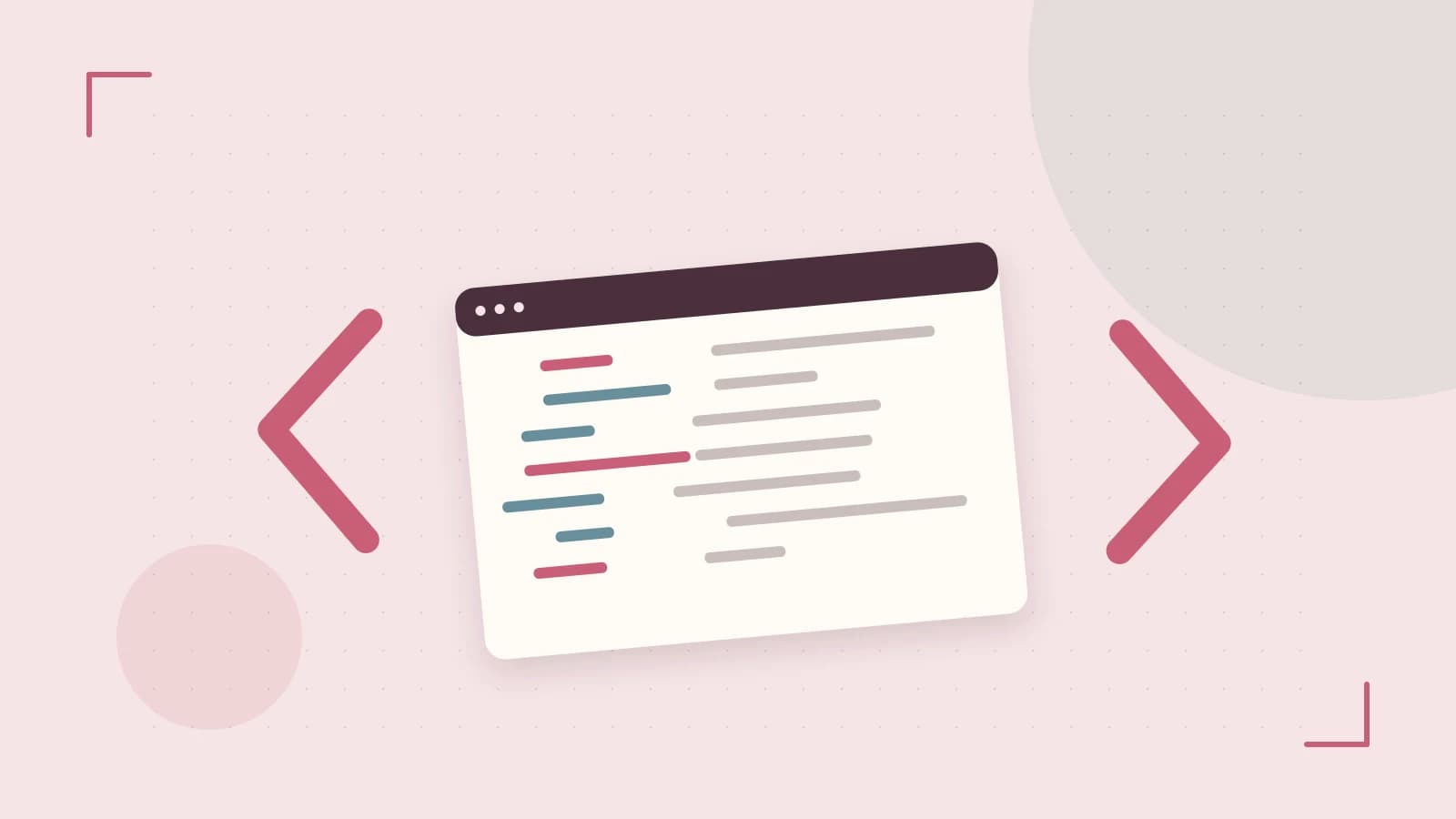 Editorial illustration of an abstract code editor, syntax blocks and oversized programming brackets