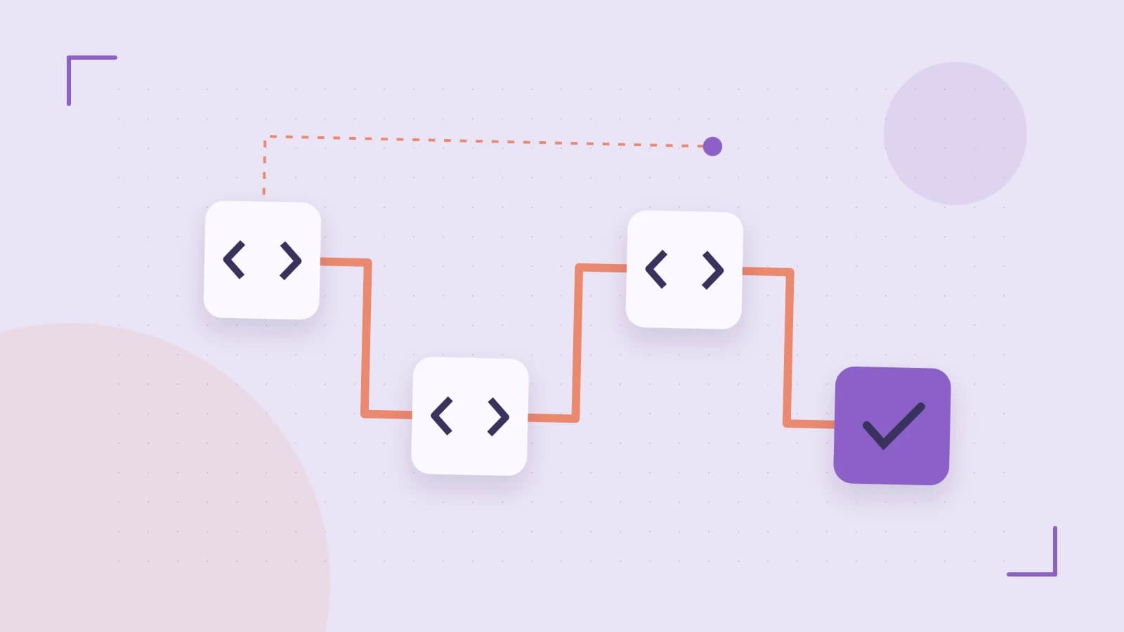 Editorial illustration of a branching build pipeline, staged transformations and a completed check