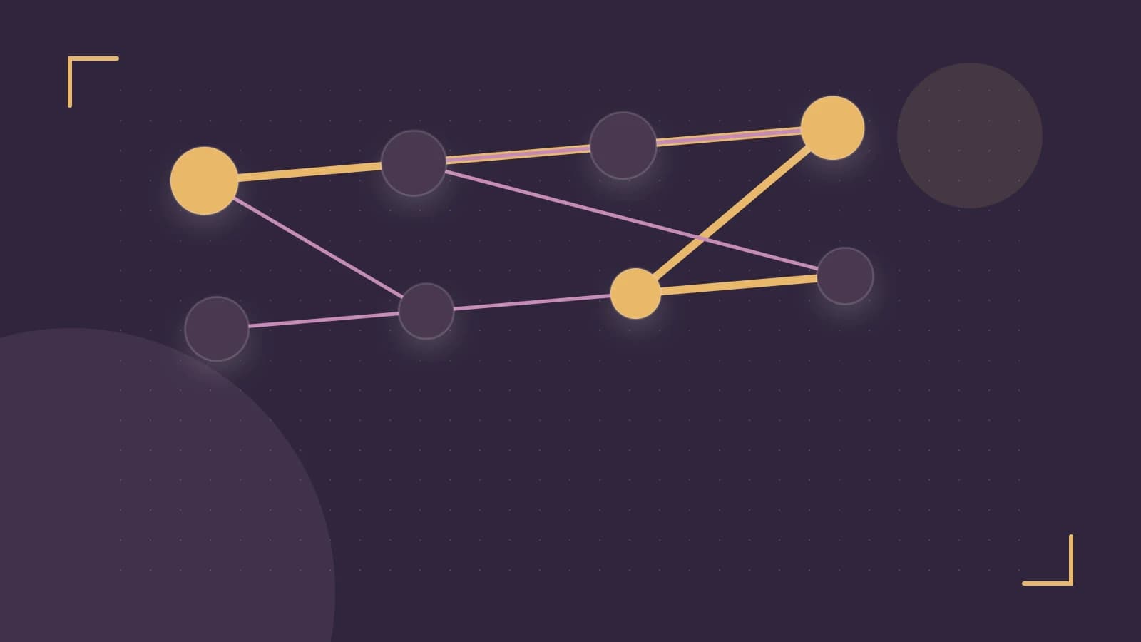 Editorial illustration of an algorithmic node graph with branching paths and a highlighted result