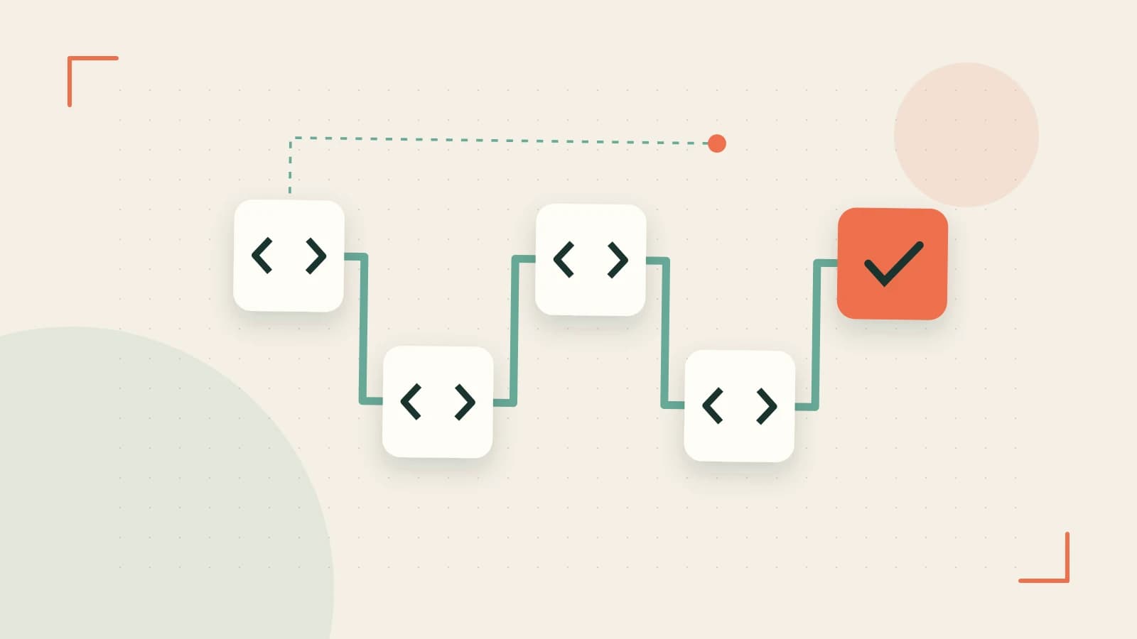 Editorial illustration of a branching build pipeline, staged transformations and a completed check