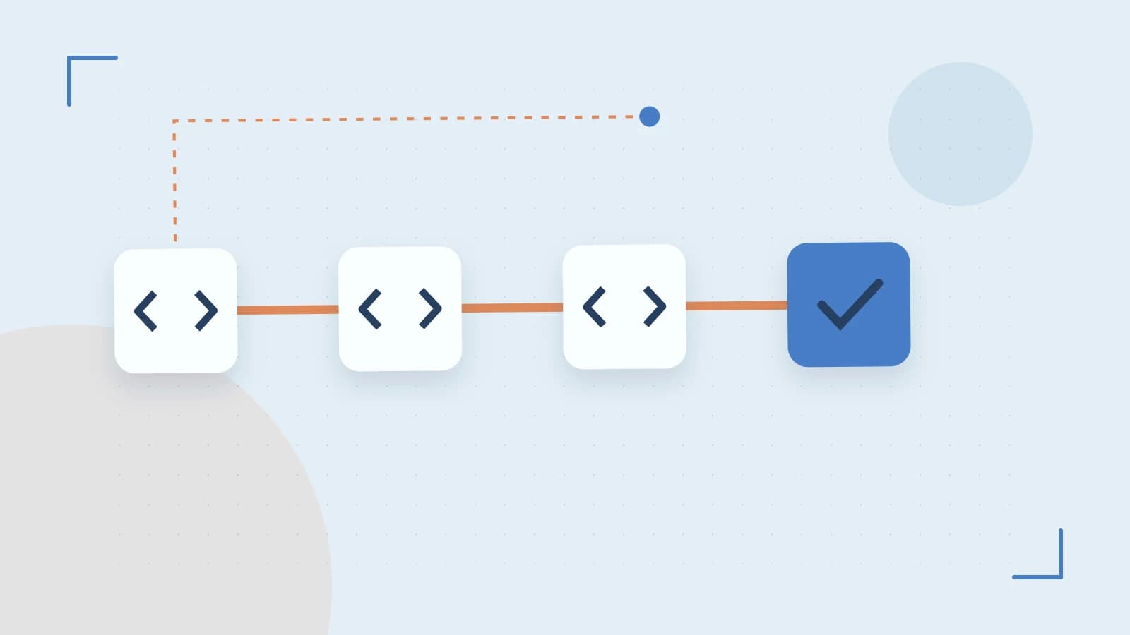 Editorial illustration of a branching build pipeline, staged transformations and a completed check