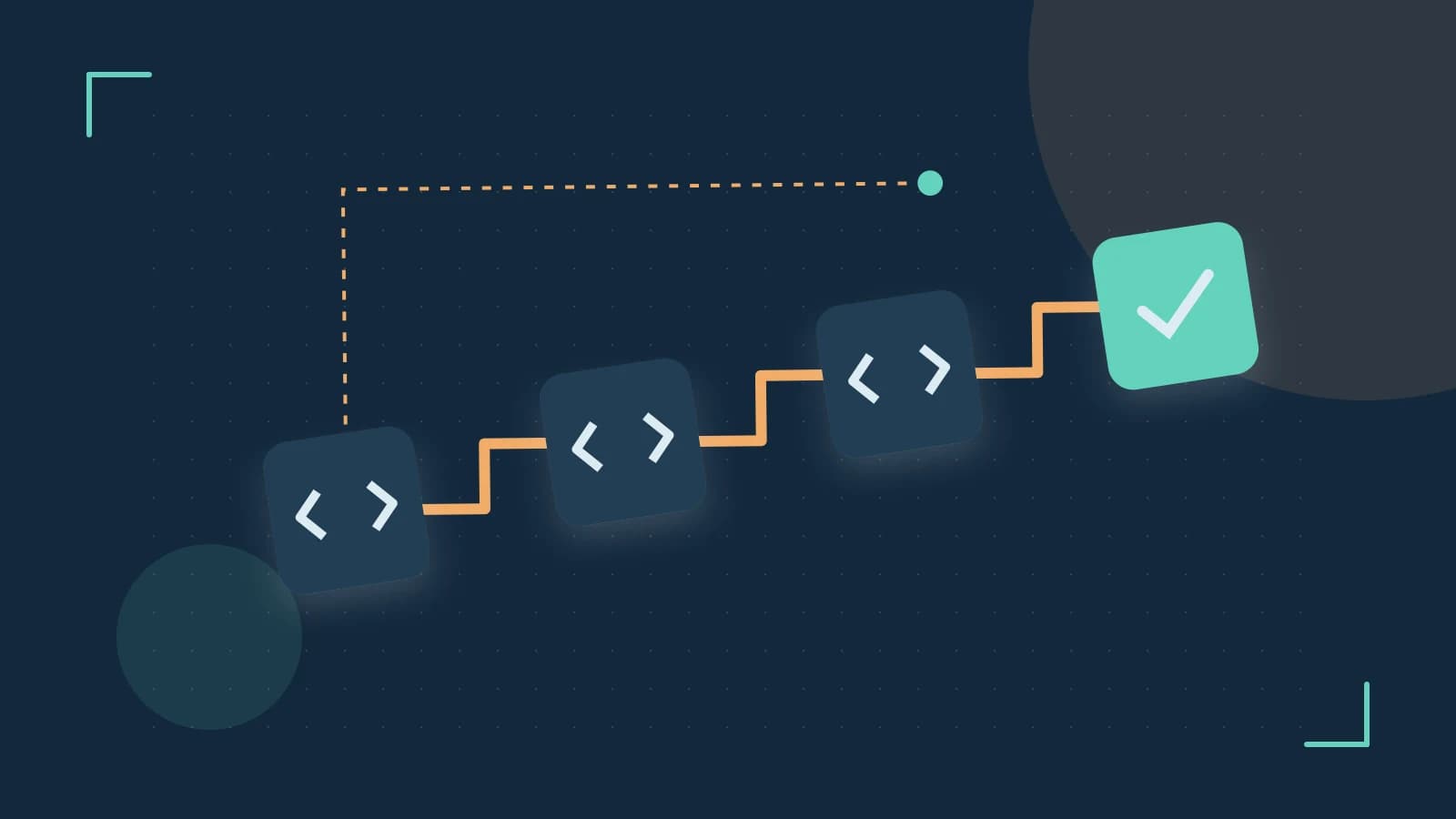 Editorial illustration of a branching build pipeline, staged transformations and a completed check