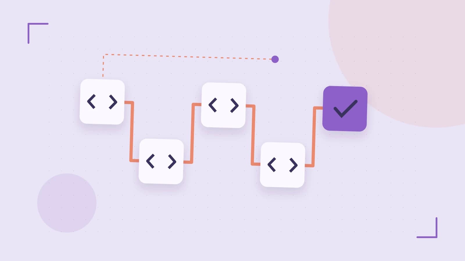 Editorial illustration of a branching build pipeline, staged transformations and a completed check