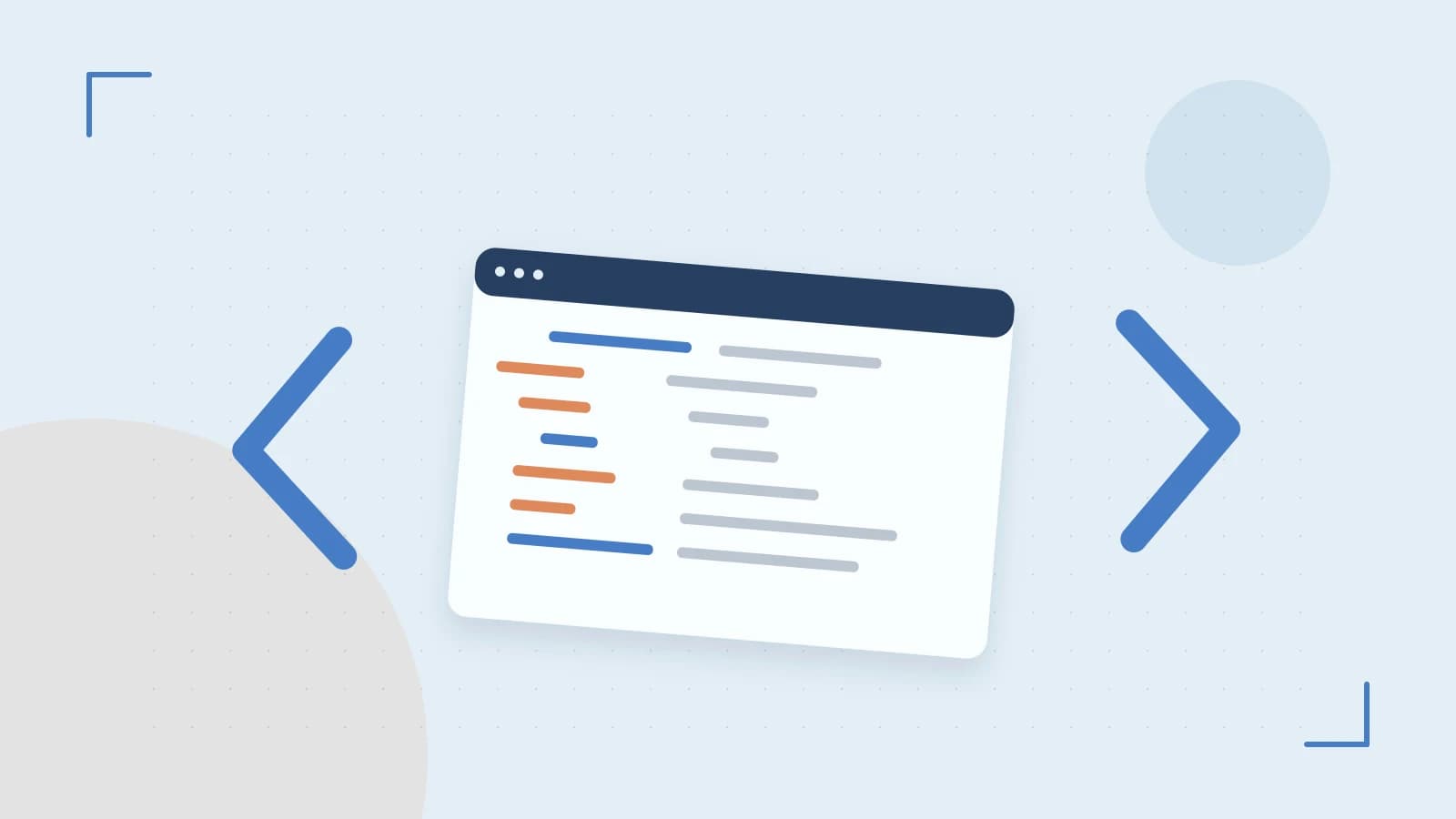Editorial illustration of an abstract code editor, syntax blocks and oversized programming brackets