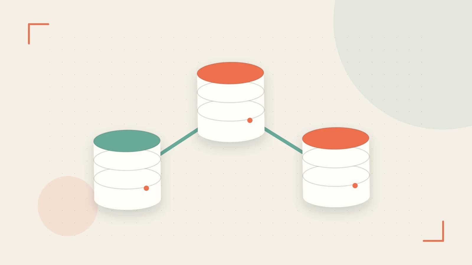 Editorial illustration of structured records, database cylinders and relationships between tables