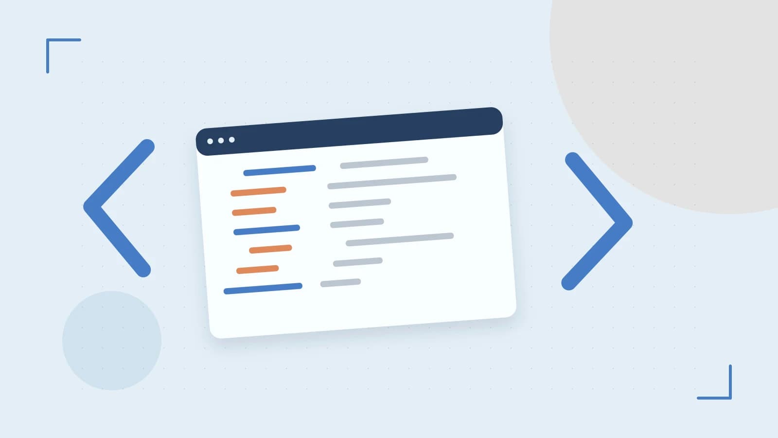 Editorial illustration of an abstract code editor, syntax blocks and oversized programming brackets
