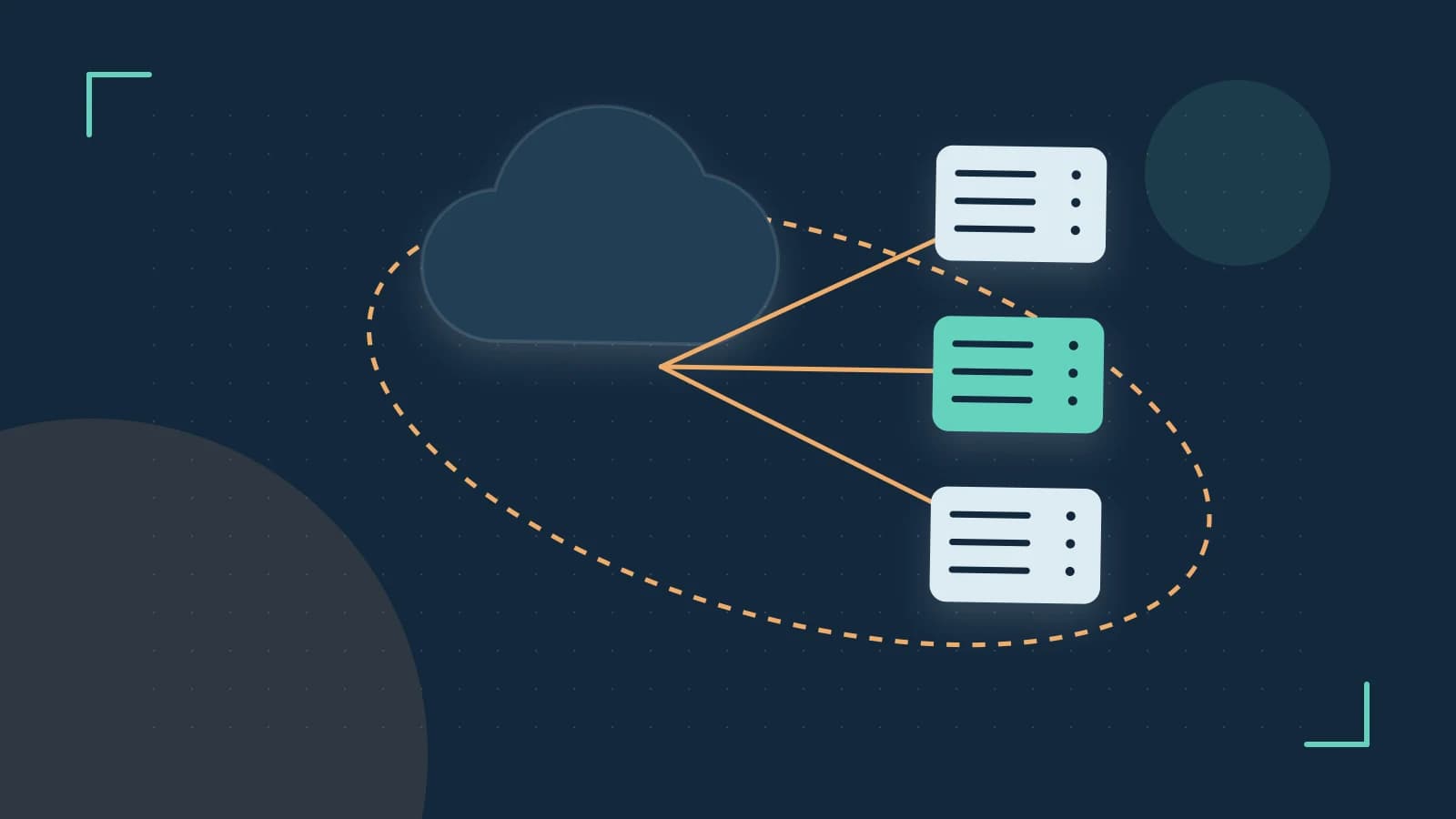 Editorial illustration of cloud infrastructure, connected server racks and an orbital service map