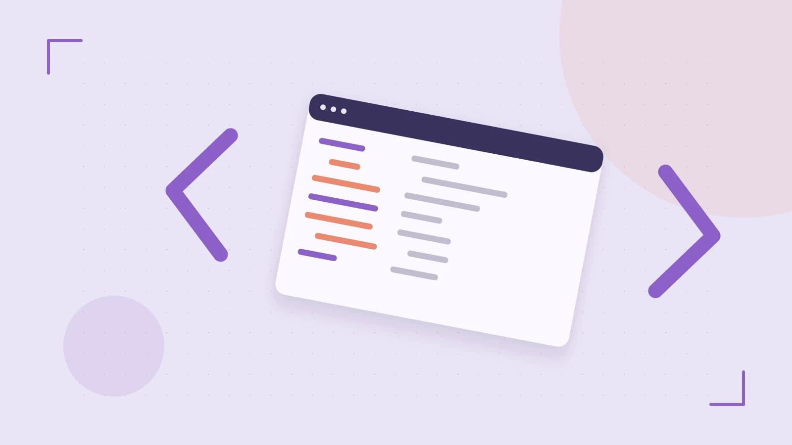 Editorial illustration of an abstract code editor, syntax blocks and oversized programming brackets