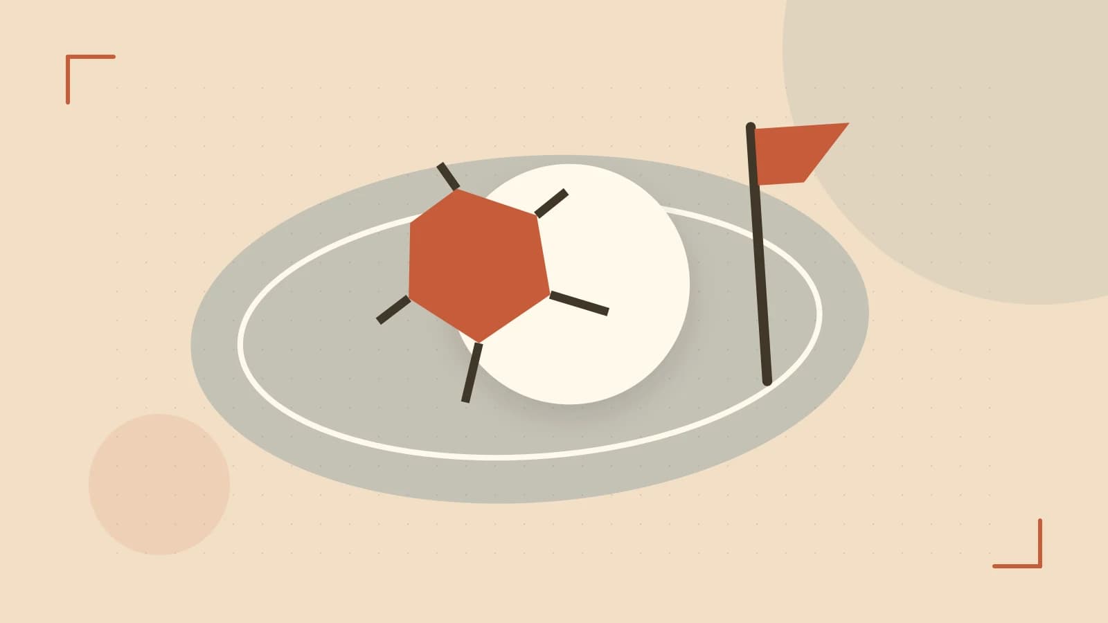 Editorial illustration of a stylized sports ball, stadium geometry and dynamic arcs
