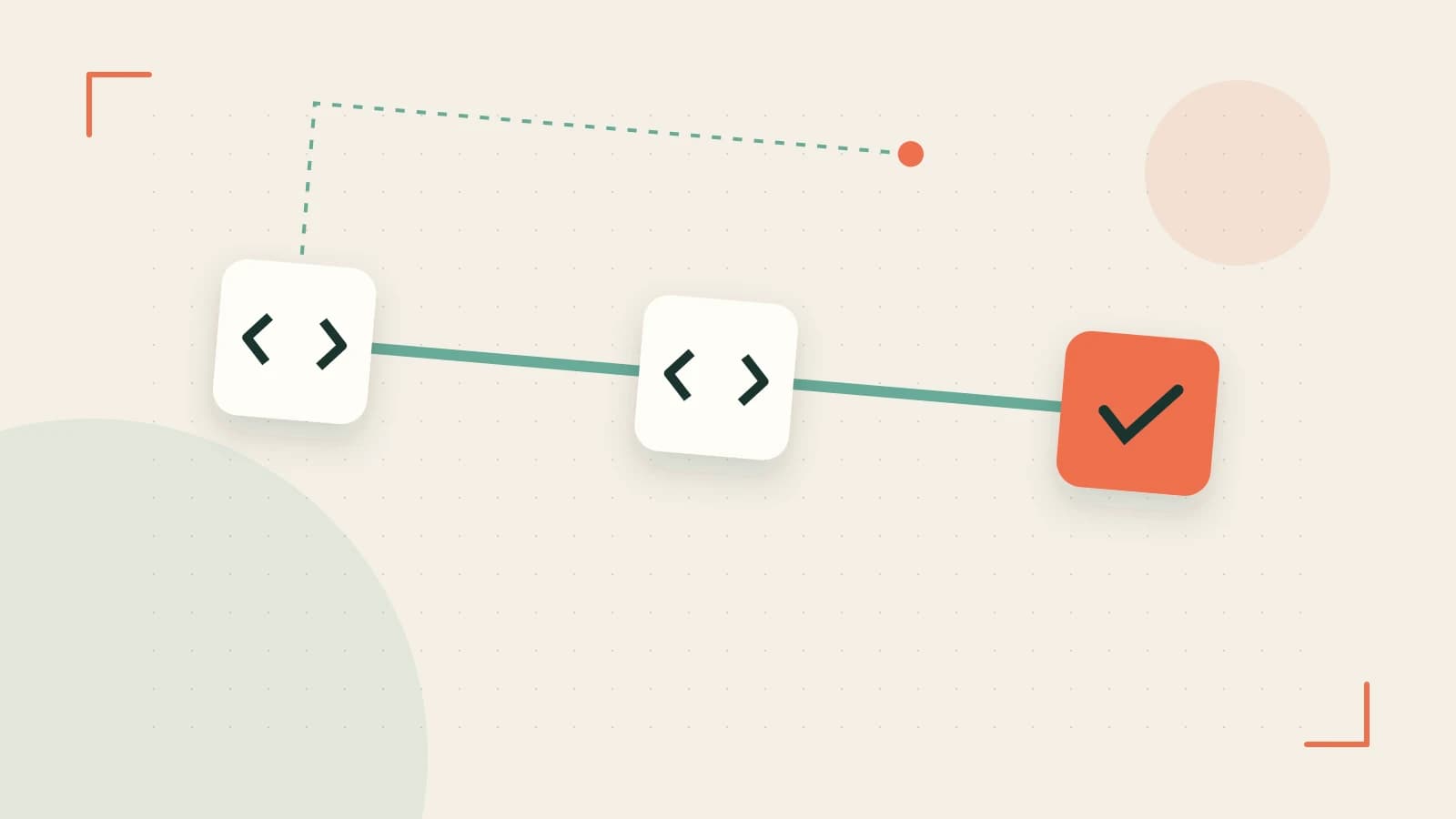 Editorial illustration of a branching build pipeline, staged transformations and a completed check