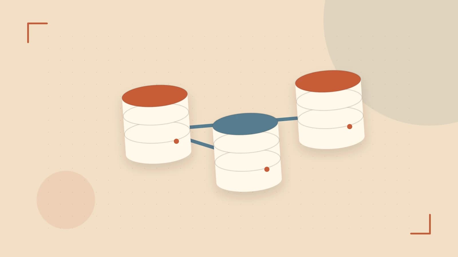Editorial illustration of structured records, database cylinders and relationships between tables
