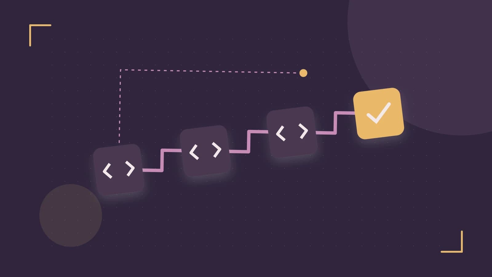 Editorial illustration of a branching build pipeline, staged transformations and a completed check